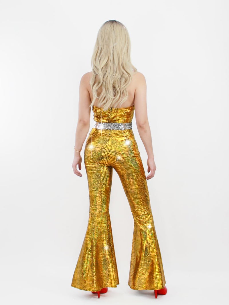 Nawgut Disco Outfit 70s 80s Prom Sparkle Flare Jumpsuit Party Costume Halloween Cosplay For Adult Women-Small - Image 4