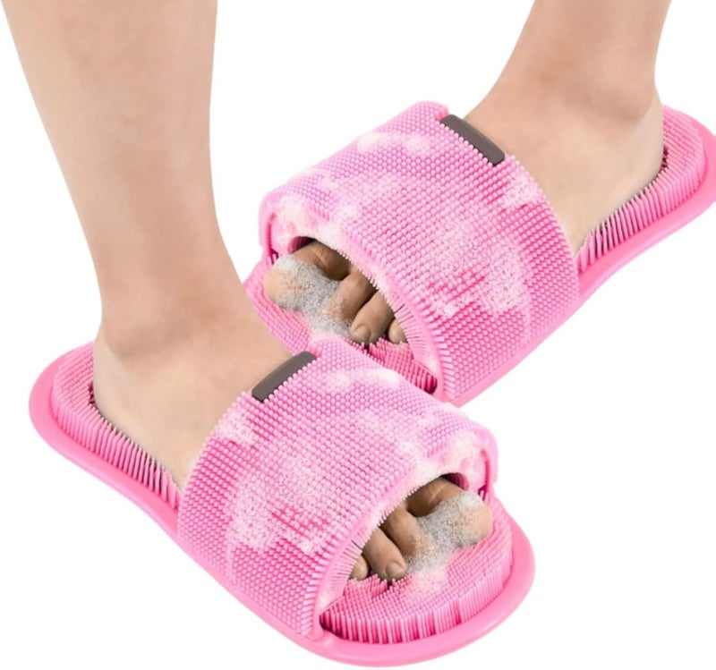 Shower Slippers with Cleaning Brush, Silicone Foot Massage Soles, Pink, Size 28.5 cm, Built-in Exfoliating Brush