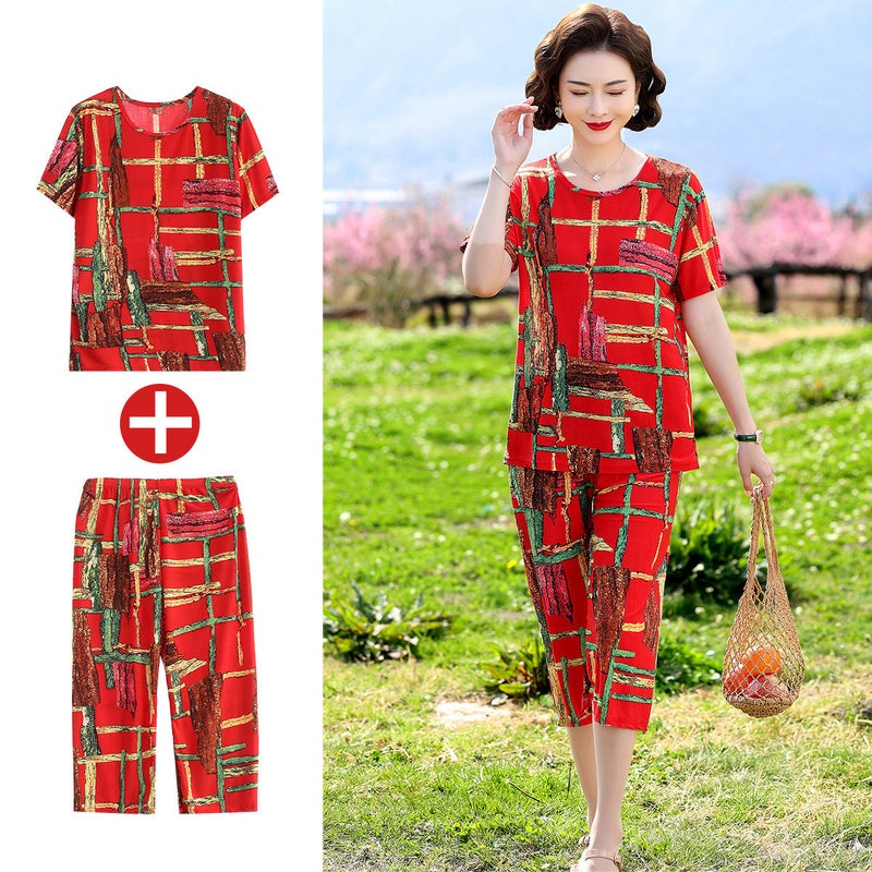 2024 Ice Silk Plus Size Womens Summer Two-Piece Set RED CHECK  - Image 1