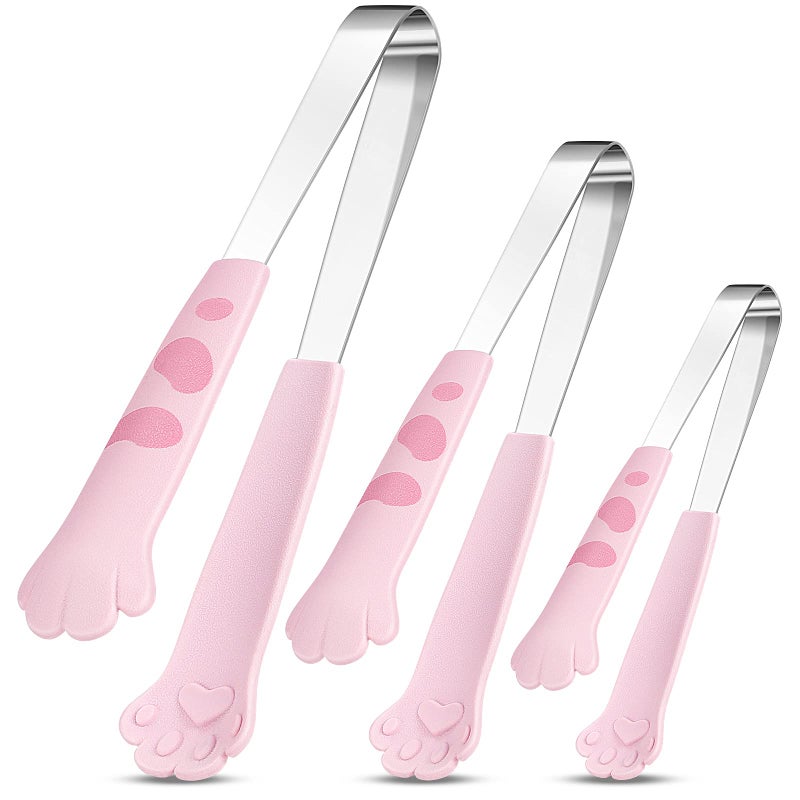 Honeydak 3Piece Stainless Steel Cat Paw Shape Tongs  9 7 5 Inch  Pink Kawaii Kitchen Accessories 