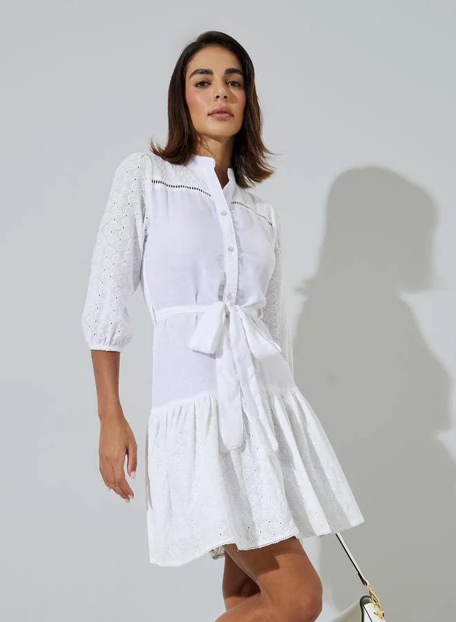 Styli Off White Cotton Schiffli 3/4 Sleeves Mini Dress