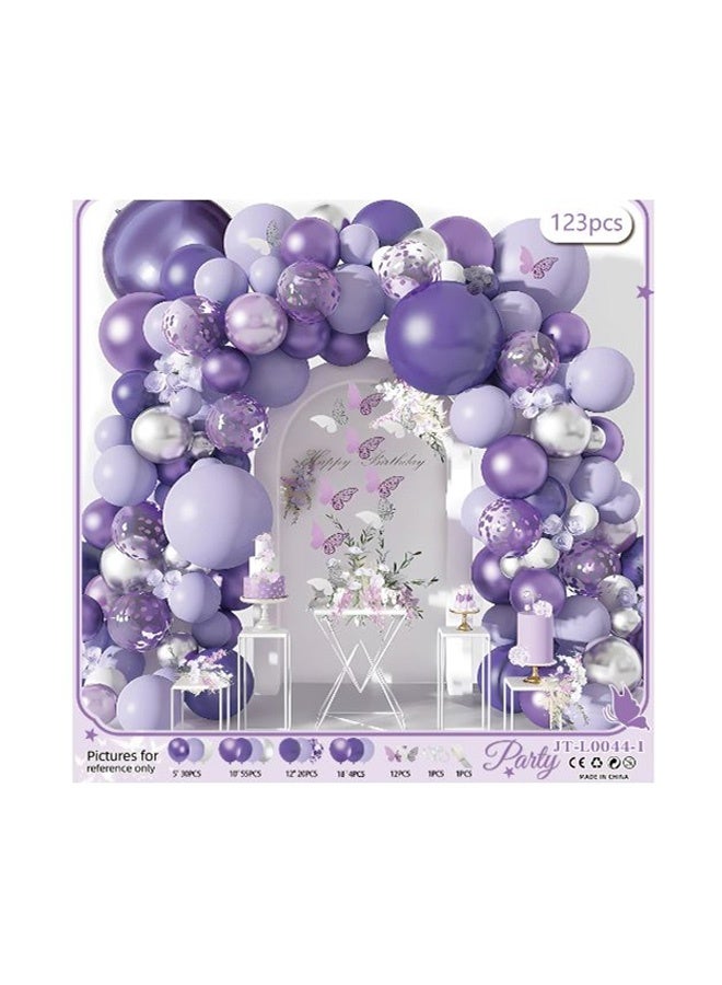 ​​طقم إكليل أقواس بالونات فراشة بنفسجية 123 قطعة بالونات بوهو باستيل مع بالون فراشة كبير بنفسجي رقاقة فراشة سمة عيد ميلاد حمام طفل فييستا حفلة ديكورات لبنات
