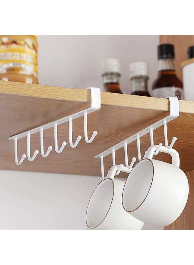 FORKLS Stainless Steel 6 Hook Under Shelf Cabinet Rack for Coffee Cup, Mug, Wine Glass, Tie Hooks, Keys Hooks, Hanging Belts Scarf Organizer Kitchen Utensils Holder Rack (White, Pack of 4) - Image 2