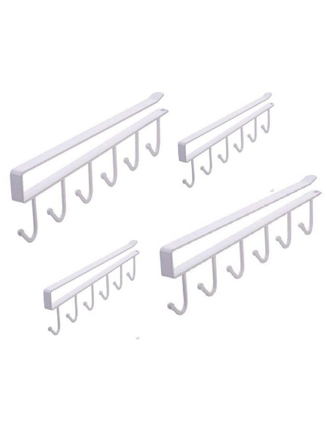 FORKLS Stainless Steel 6 Hook Under Shelf Cabinet Rack for Coffee Cup, Mug, Wine Glass, Tie Hooks, Keys Hooks, Hanging Belts Scarf Organizer Kitchen Utensils Holder Rack (White, Pack of 4) - Image 1