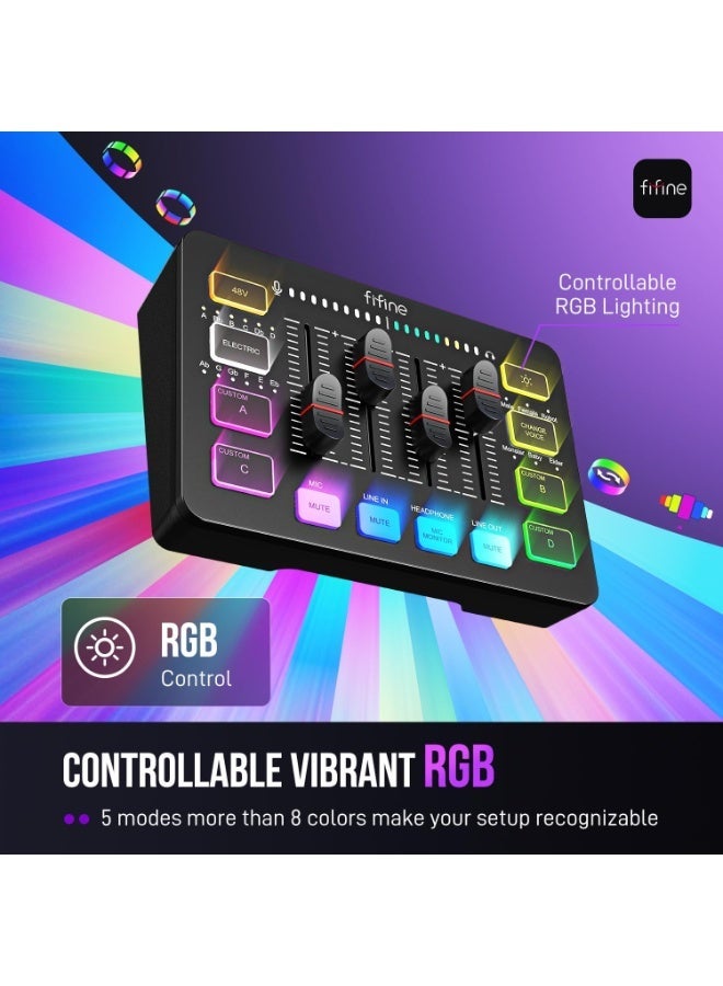 FIFINE Fivene Gaming Sound Mixer, RGB Audio Mixer with XLR Microphone Interface, Single Control, Volume Down, Mute Button, 48V Phantom Power, for Podcasting, Audio Recording, and Gaming SC3 - Image 4