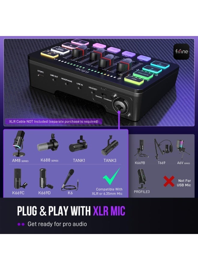 FIFINE Fivene Gaming Sound Mixer, RGB Audio Mixer with XLR Microphone Interface, Single Control, Volume Down, Mute Button, 48V Phantom Power, for Podcasting, Audio Recording, and Gaming SC3 - Image 5