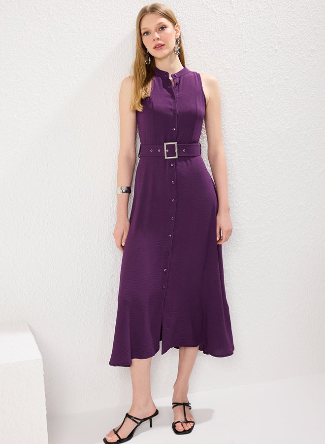 trendyol Purple Plain Belted Maxi Woven Dress - Image 2