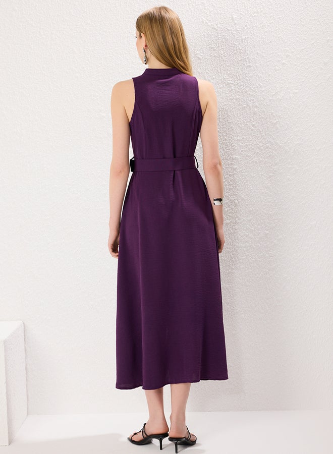 trendyol Purple Plain Belted Maxi Woven Dress - Image 4