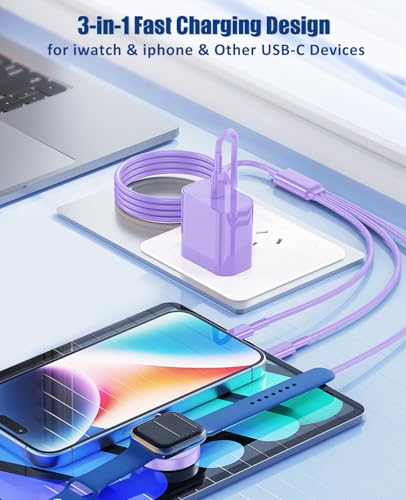 Hcoob for Apple Watch Charger Fast Charging,3 in 1 Multi Chargers Cable with 20W USB C Charger, iWatch Charger Cord 6FT for iWatch Series Ultra2/SE/10/9/8/7/6/5/4/3/iPhone 15 16 Pro Max/14/13/12/11(Purple) - Image 2