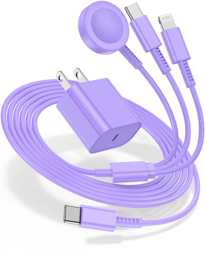 Hcoob for Apple Watch Charger Fast Charging,3 in 1 Multi Chargers Cable with 20W USB C Charger, iWatch Charger Cord 6FT for iWatch Series Ultra2/SE/10/9/8/7/6/5/4/3/iPhone 15 16 Pro Max/14/13/12/11(Purple) - Image 1