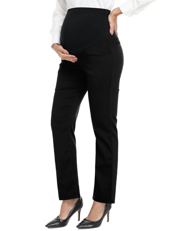 PACBREEZE Women's Maternity Pants for Work Over-Bump Pregnancy Casual Stretchy Straight Dress Pants with Pockets, A01: Black Straight Leg, M - Image 1