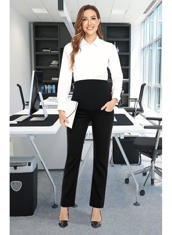 PACBREEZE Women's Maternity Pants for Work Over-Bump Pregnancy Casual Stretchy Straight Dress Pants with Pockets, A01: Black Straight Leg, M - Image 2