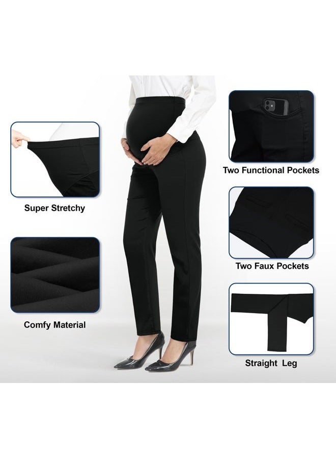 PACBREEZE Women's Maternity Pants for Work Over-Bump Pregnancy Casual Stretchy Straight Dress Pants with Pockets, A01: Black Straight Leg, M - Image 4