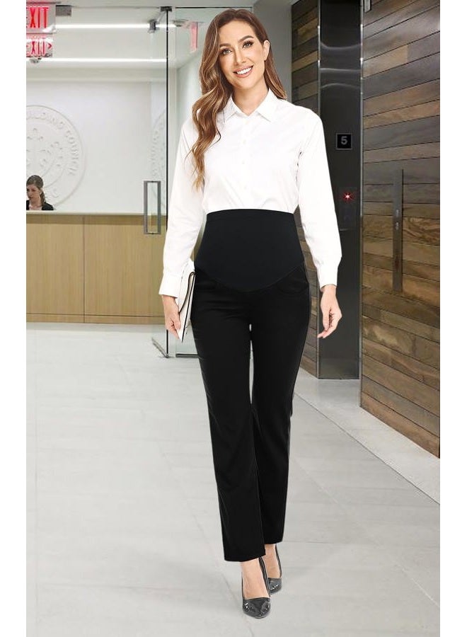 PACBREEZE Women's Maternity Pants for Work Over-Bump Pregnancy Casual Stretchy Straight Dress Pants with Pockets, A01: Black Straight Leg, M - Image 3