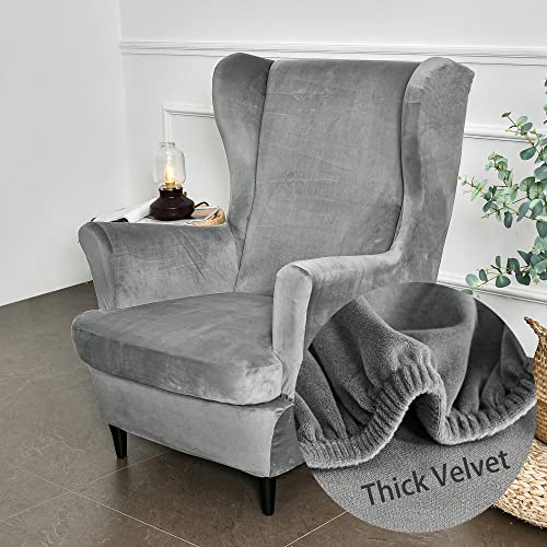 Highdi Wingback Chair Covers 2 Piece Stretch Wing Chair Slipcover Fashion Solid color Velvet Strandmon Sofa Cover Furniture Protector for Armchair Chairs Living Room Bedroom Hotel Grey