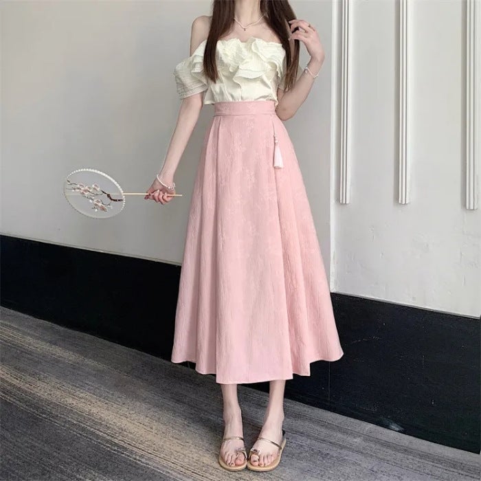Chinoiserie Printed Pleated Skirt – Mid-Length Floral Design for Women - Image 1