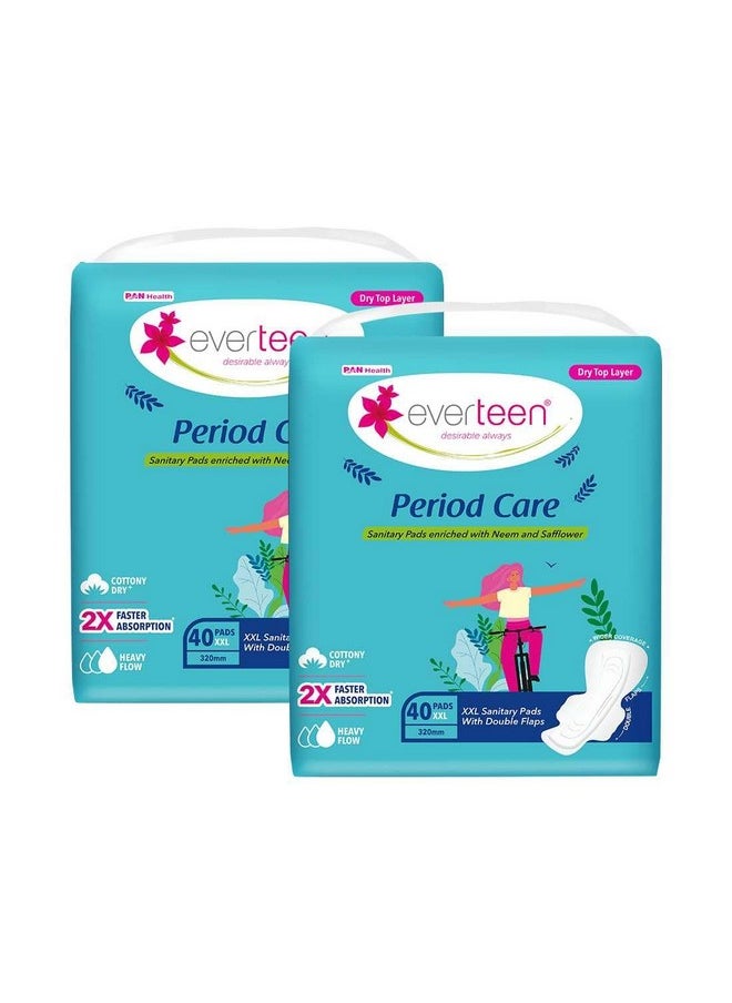 everteen Period Care Xxl Dry Neem-Safflower Sanitary Pads For Women - 80 Pads, Rash Free, Anti Tan, Skin Friendly, Double Wing Shape, Advanced Leak Protection, Xx Large, 320Mm - 2 Packs (40 Pads Each, 320Mm)  - Image 1
