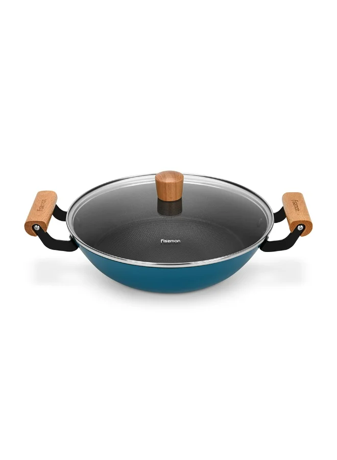 Fissman Seagreen Wok 28cm (4L) with Glass Lid – Enamelled Lightweight Cast Iron Non-Stick Deep Frying Pan for Stir Fry, Saute, and Everyday Cooking