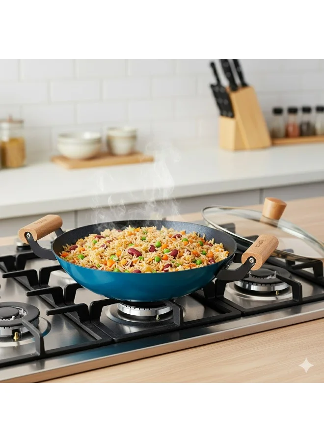 Seagreen Wok 28cm (4L) with Glass Lid – Enamelled Lightweight Cast Iron Non-Stick Deep Frying Pan for Stir Fry, Saute, and Everyday Cooking