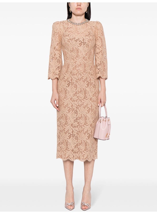 Madam Uniq Nude Fashion Beaded Rhinestone Long Sleeve Slim Fit Water Soluble Lace Dress - Image 1