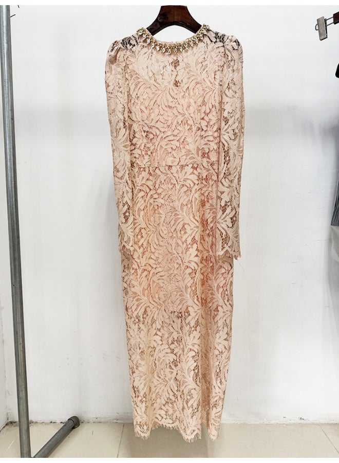 Madam Uniq Nude Fashion Beaded Rhinestone Long Sleeve Slim Fit Water Soluble Lace Dress - Image 2