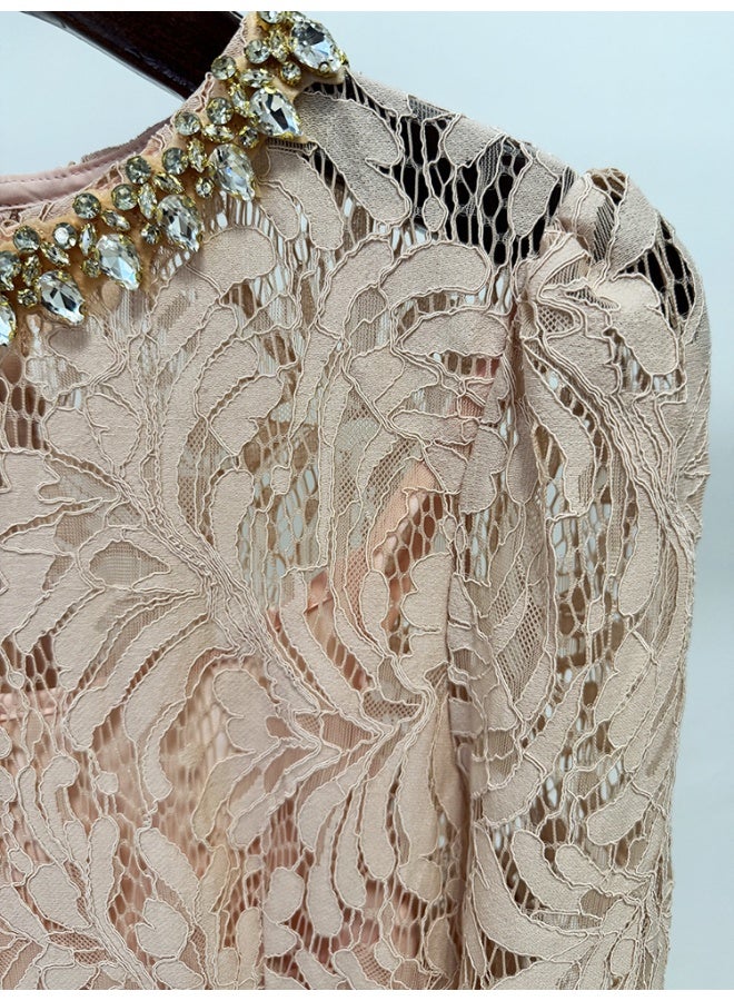 Madam Uniq Nude Fashion Beaded Rhinestone Long Sleeve Slim Fit Water Soluble Lace Dress - Image 5