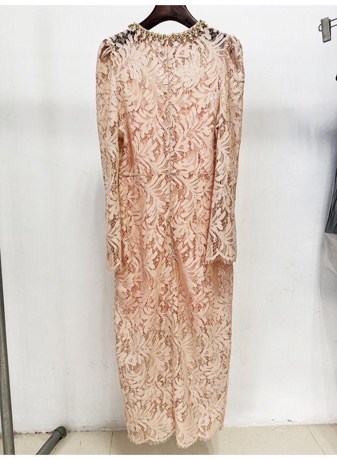 Madam Uniq Nude Fashion Beaded Rhinestone Long Sleeve Slim Fit Water Soluble Lace Dress - Image 3