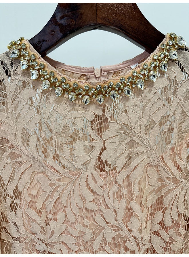 Madam Uniq Nude Fashion Beaded Rhinestone Long Sleeve Slim Fit Water Soluble Lace Dress - Image 4