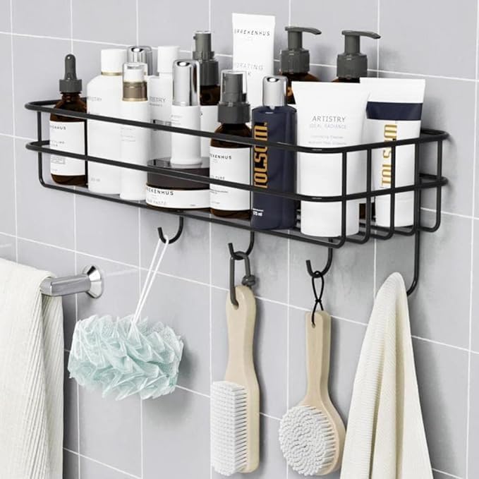 Copelle Stainless Steel Bathroom Shelf for Wall, Self Adhesive Bathroom Organiser, 4 Hooks for Towel Holder, Space-Saving Wall Mounted Bathroom Shelf with Elegant Design (Pack of 1, Black) - Image 4