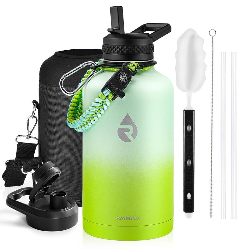 RAYMYLO Insulated Water Bottle 64 oz Triple Wall Vacuum Stainless Steel Cold for 48 Hrs Leak Proof  NonBPA Half Gallon Water Flask Jug with Paracord Handle  Straw Spout Lids
