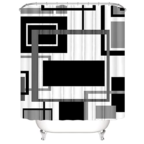 Yddsky 4 Pcs Black Geometric Shower Curtain Sets Non-Slip Bath Rugs, Toilet Cover, U-Shaped Mat, Abstract Geometric Modern Shower Curtain with 12 Hooks - Image 3