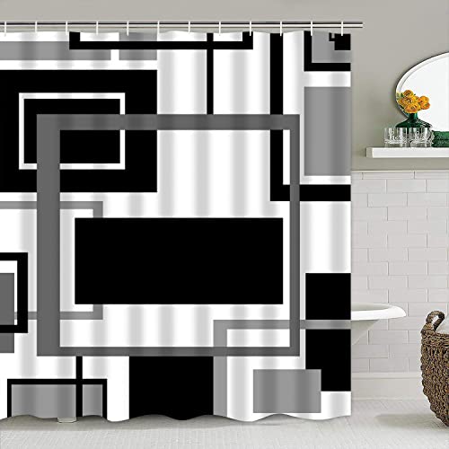 Yddsky 4 Pcs Black Geometric Shower Curtain Sets Non-Slip Bath Rugs, Toilet Cover, U-Shaped Mat, Abstract Geometric Modern Shower Curtain with 12 Hooks - Image 2