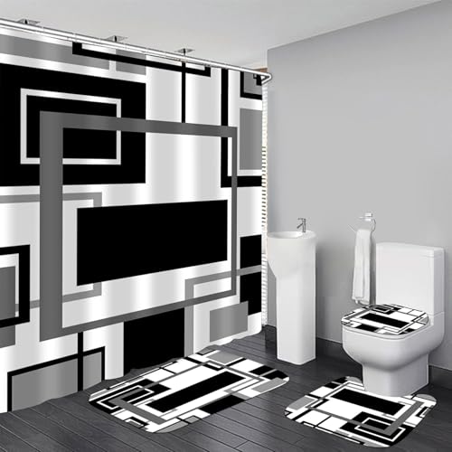 Yddsky 4 Pcs Black Geometric Shower Curtain Sets Non-Slip Bath Rugs, Toilet Cover, U-Shaped Mat, Abstract Geometric Modern Shower Curtain with 12 Hooks - Image 1