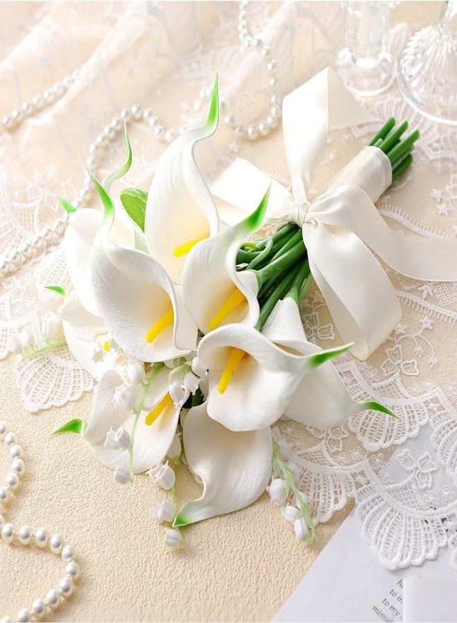 Janinka Artificial Bridesmaid Bouquets Set of 6 Calla Lily Wedding Bouquet Pre-Tied Ivory White Artificial Lily Flowers Bridal Bouquets for Bride Wedding Marriage Proposal Party Church Decoration - Image 3