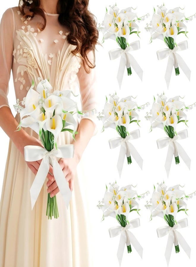 Janinka Artificial Bridesmaid Bouquets Set of 6 Calla Lily Wedding Bouquet Pre-Tied Ivory White Artificial Lily Flowers Bridal Bouquets for Bride Wedding Marriage Proposal Party Church Decoration - Image 1