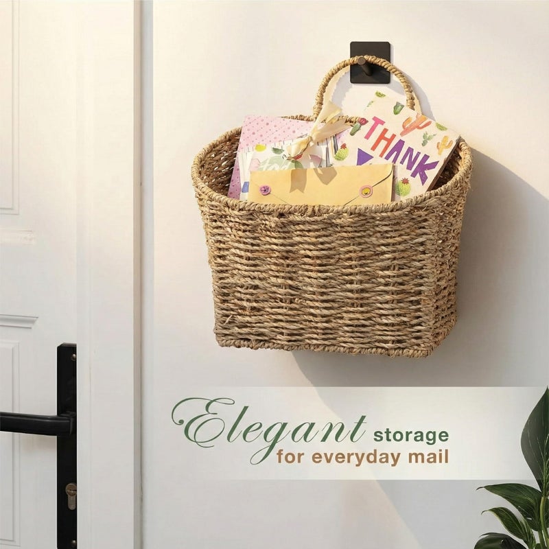 84ECO Set of 2 Wicker Hanging Basket for Organizing, Front Door, Mail, Flowers - Woven Wall Baskets for Storage (Seagrass) - Image 3