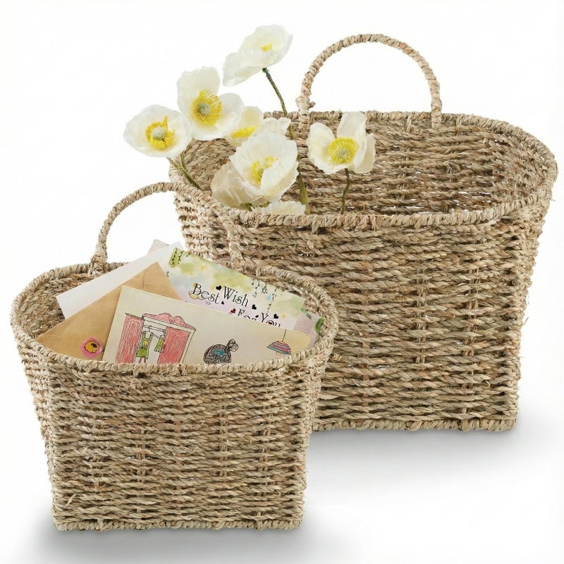 84ECO Set of 2 Wicker Hanging Basket for Organizing, Front Door, Mail, Flowers - Woven Wall Baskets for Storage (Seagrass) - Image 1