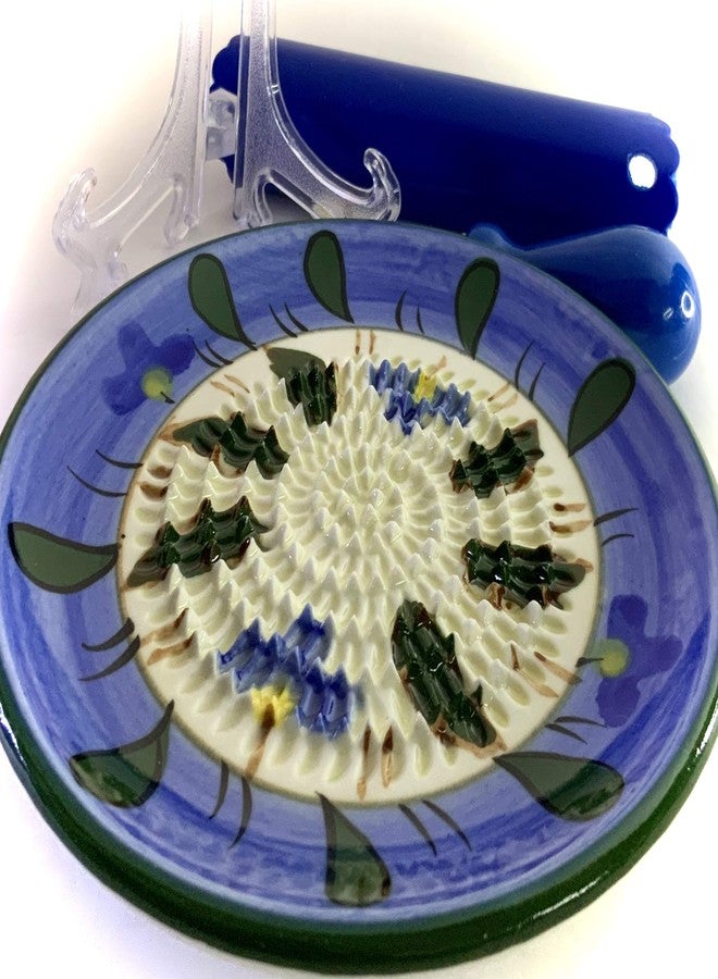 BonCera, All-in-one Premium Ceramic Garlic Grater Plate 4-Piece Set - Blue Flower Design, Classic Style - For Garlic, Ginger, Chocolate, and more! - Comes with 5.25" Plate, Peeler, Brush, and Stand - Image 3