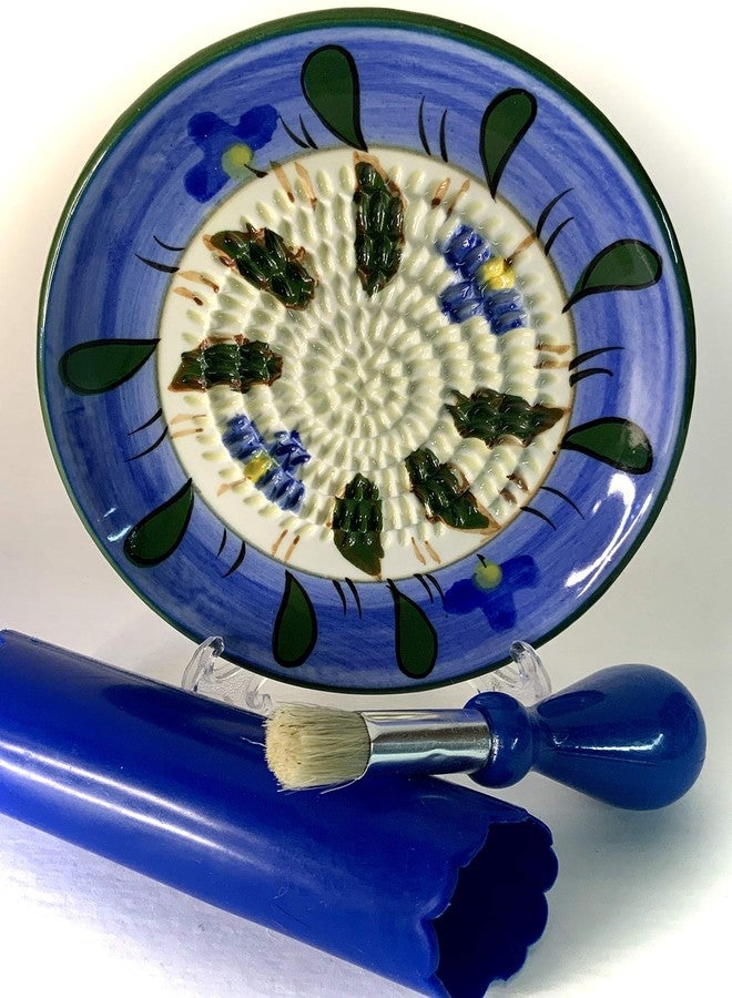 BonCera, All-in-one Premium Ceramic Garlic Grater Plate 4-Piece Set - Blue Flower Design, Classic Style - For Garlic, Ginger, Chocolate, and more! - Comes with 5.25" Plate, Peeler, Brush, and Stand - Image 1