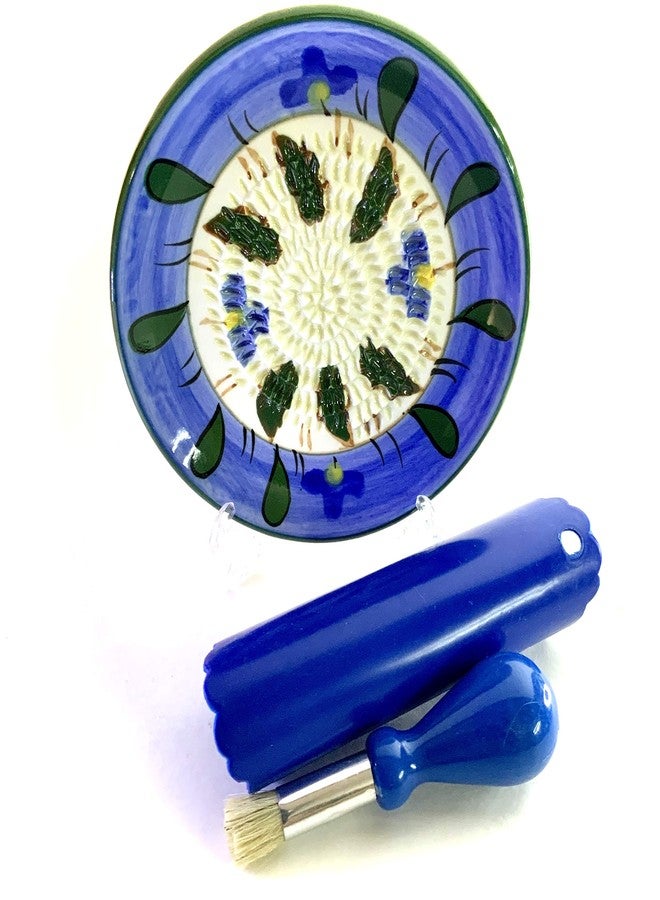 BonCera, All-in-one Premium Ceramic Garlic Grater Plate 4-Piece Set - Blue Flower Design, Classic Style - For Garlic, Ginger, Chocolate, and more! - Comes with 5.25" Plate, Peeler, Brush, and Stand - Image 2