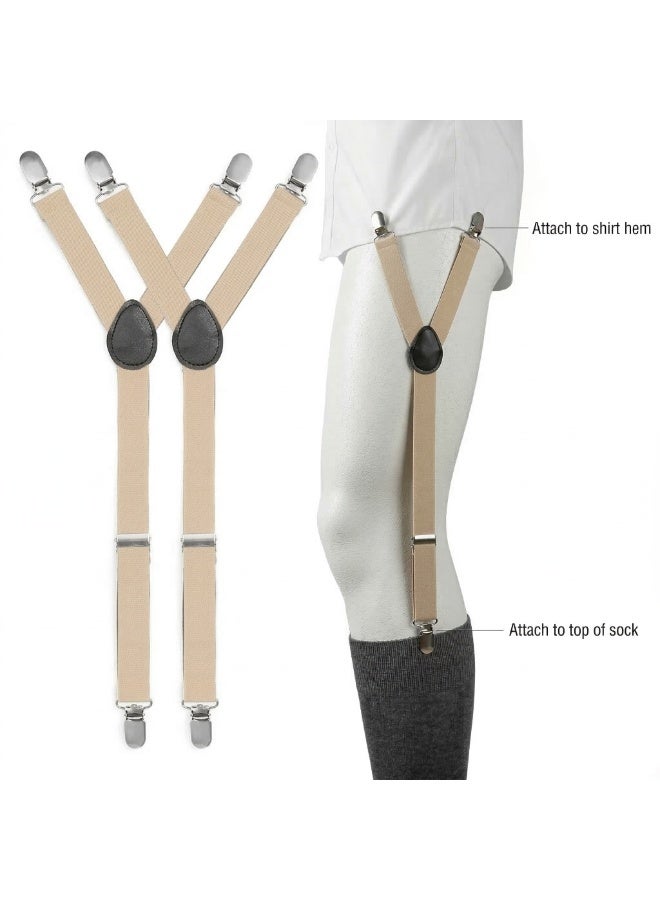 PEAKOVIA Men's Adjustable Y-Style Shirt Stays, Sock Garter Suspenders for Formal Suits, Non-Slip Metal Locking Clips - Beige - Image 3