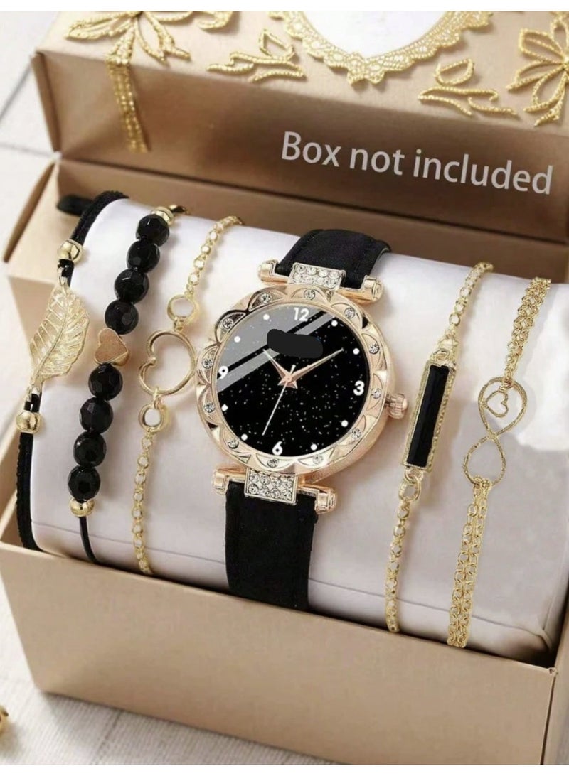 6-Piece Luxury Women’s Gift Set (Quartz Watch, Bracelets, Rings & Necklace) With Leather Strap, Crystal Accents, - Image 1