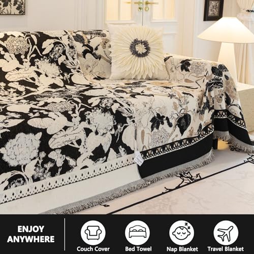 DREAMINGO Beige Black French Couch Cover Jacquard Farmhouse Sofa Covers for 3 Cushion Couch Pets Sectional Couch Cover for Dogs Chenille Furniture Protector Vintage Boho Sofa Slipcover 71x134 - Image 3