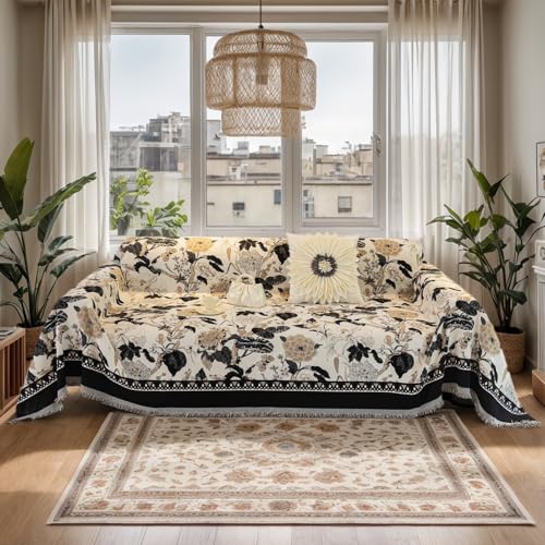 DREAMINGO Beige Black French Couch Cover Jacquard Farmhouse Sofa Covers for 3 Cushion Couch Pets Sectional Couch Cover for Dogs Chenille Furniture Protector Vintage Boho Sofa Slipcover 71x134 - Image 1