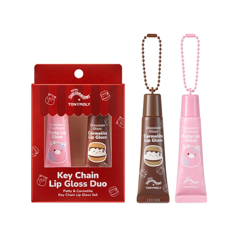 TONYMOLY x Squishmallows Lip Gloss Gift Set â€“ 2pc Pattyâ€™s Strawberry Shortcake & Carmelitaâ€™s Chocolate Glaze Keychain Duo, Hydrating Gloss, Holiday Limited Edition - Image 1