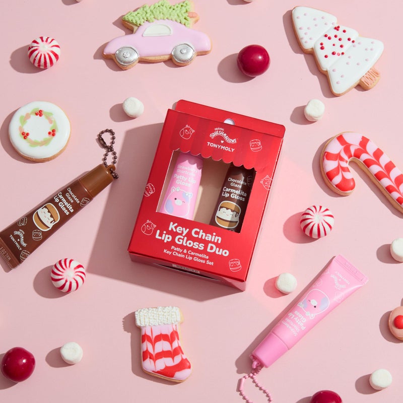 TONYMOLY x Squishmallows Lip Gloss Gift Set â€“ 2pc Pattyâ€™s Strawberry Shortcake & Carmelitaâ€™s Chocolate Glaze Keychain Duo, Hydrating Gloss, Holiday Limited Edition - Image 3