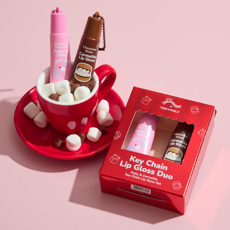 TONYMOLY x Squishmallows Lip Gloss Gift Set â€“ 2pc Pattyâ€™s Strawberry Shortcake & Carmelitaâ€™s Chocolate Glaze Keychain Duo, Hydrating Gloss, Holiday Limited Edition - Image 2