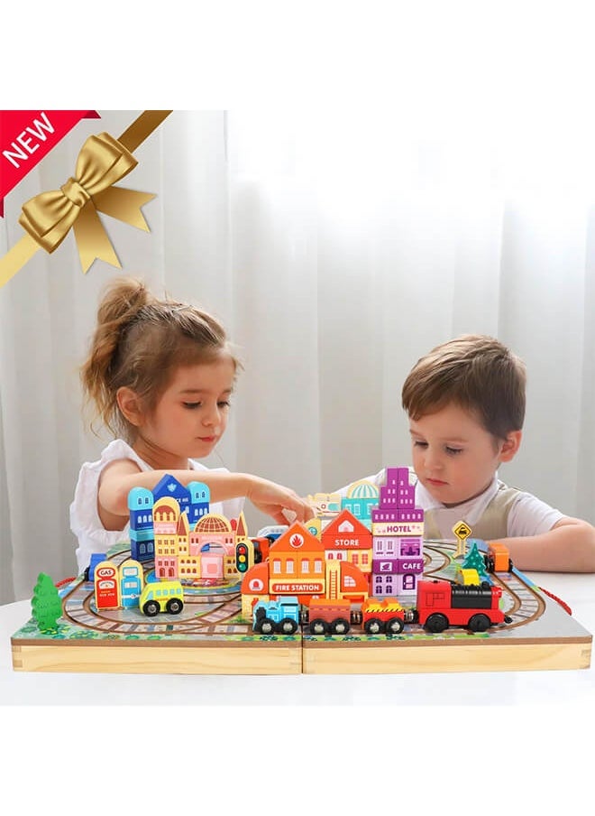 Aurlar Deluxe Wooden Train & City Building Block Set, Portable Educational Toy for Toddlers & Kids Ages 3+, Fun Learning & Gift for Boys & Girls  - Image 4