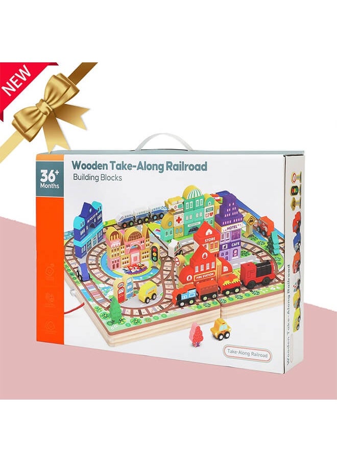 Aurlar Deluxe Wooden Train & City Building Block Set, Portable Educational Toy for Toddlers & Kids Ages 3+, Fun Learning & Gift for Boys & Girls  - Image 5