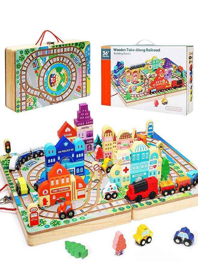 الأورلار مجموعة قطار خشبي وكتل بناء المدينة الفاخرة، لعبة تعليمية محمولة للأطفال من عمر 3 سنوات فما فوق، تعلم ممتع وهدايا للأولاد والبنات - Image 2